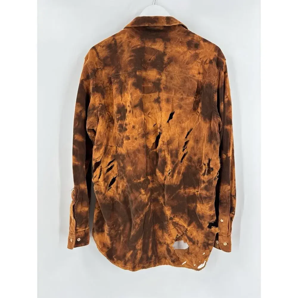 Tommy Bahama Button Down Mens Medium Orange Brown Corduroy Tie Dye Distressed